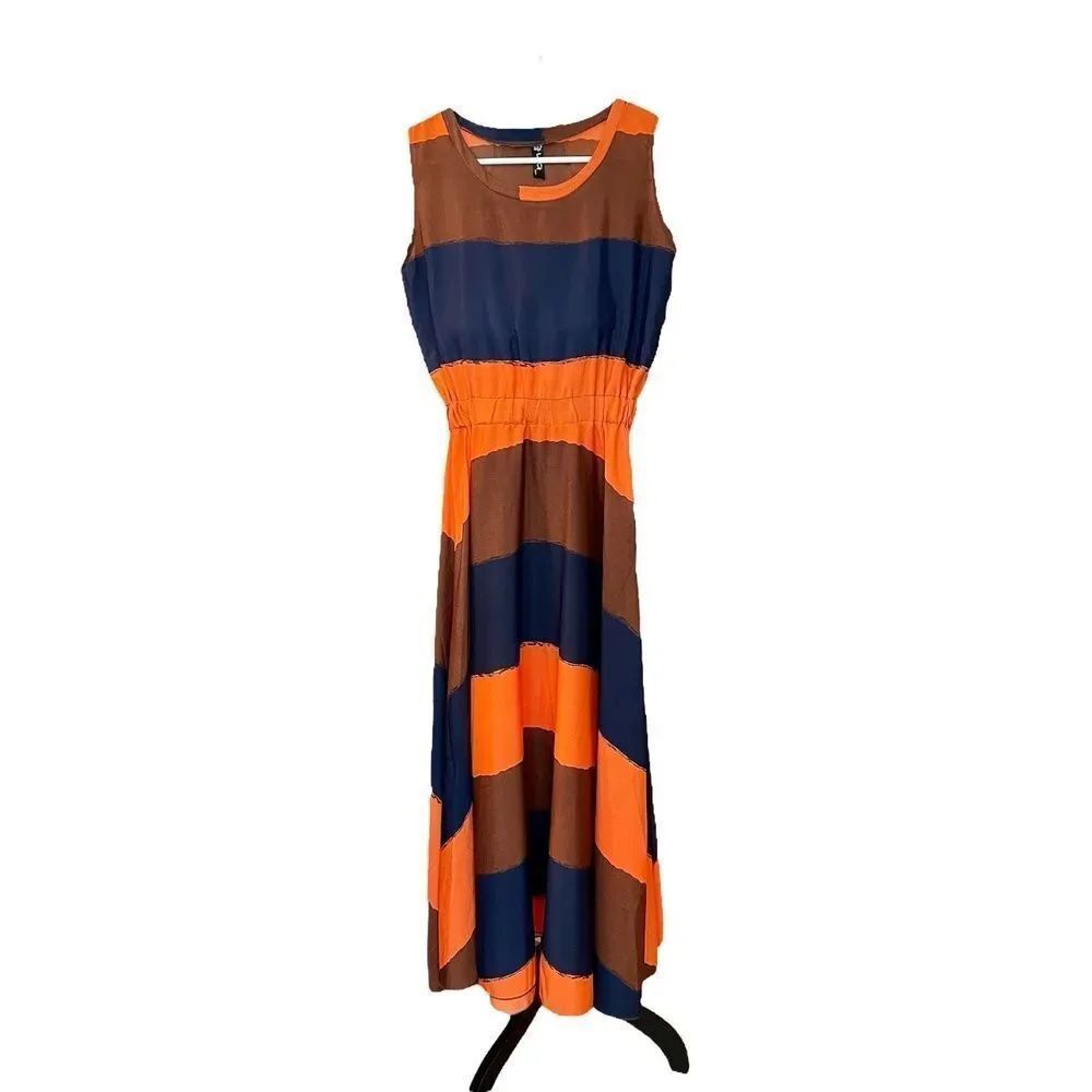 Jiaximei Womens Dress High Low A-line Blouson Blue Orange Striped Sleeveless XS